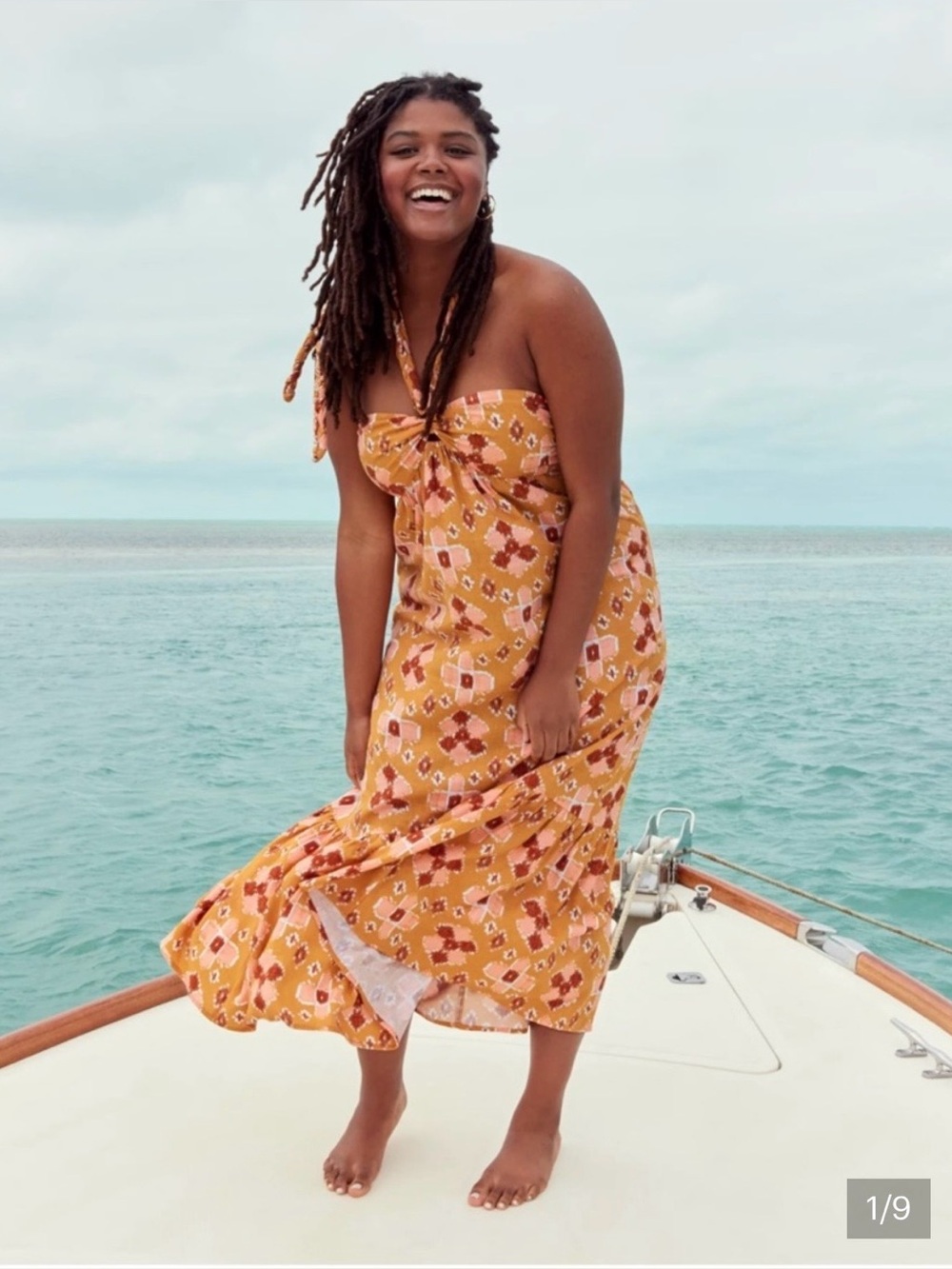 Aerie Boho Braided Halter Maxi Sundress Mustard Yellow Geometric Print